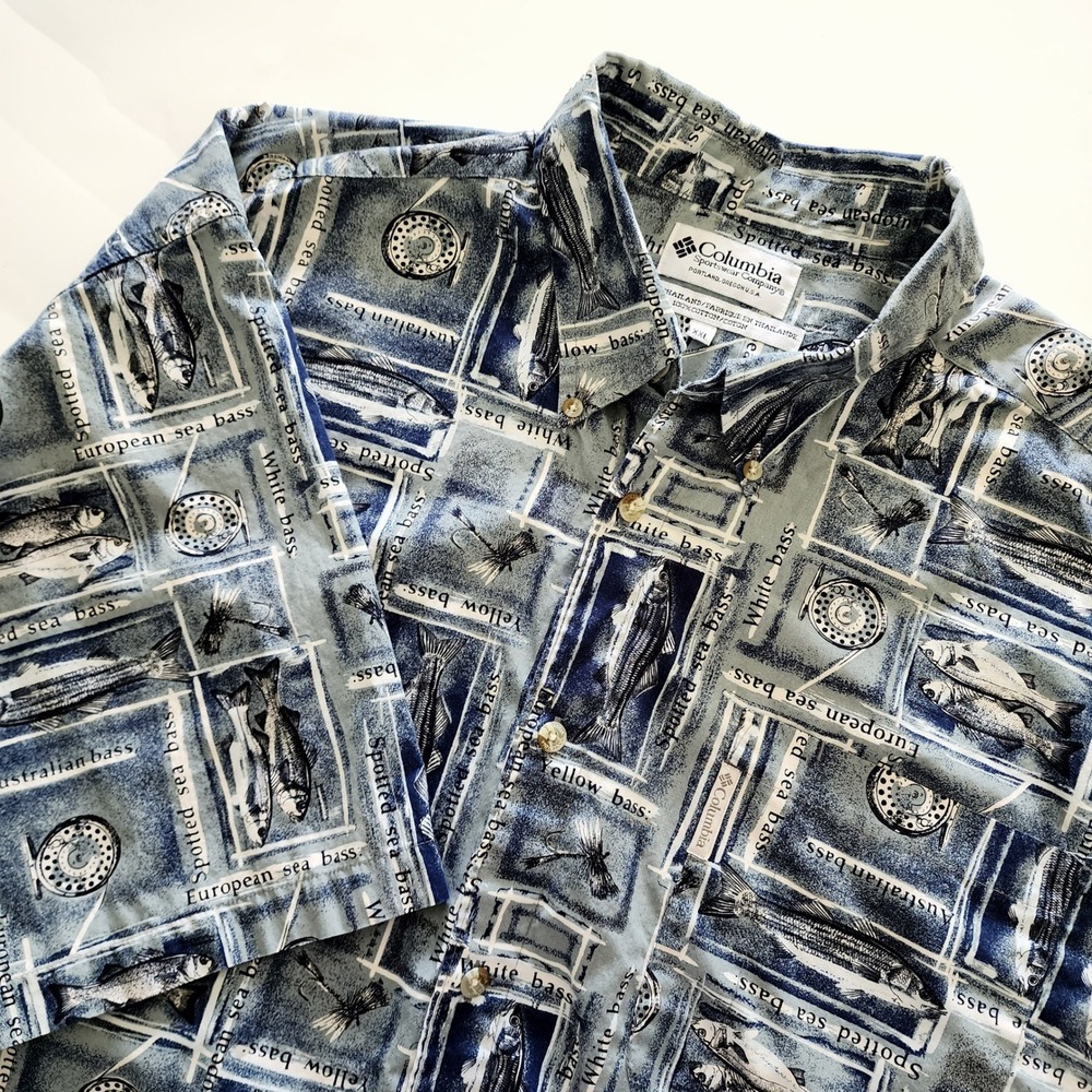 Columbia all over fish print short sleeve button front shirt mens‎ size XXL